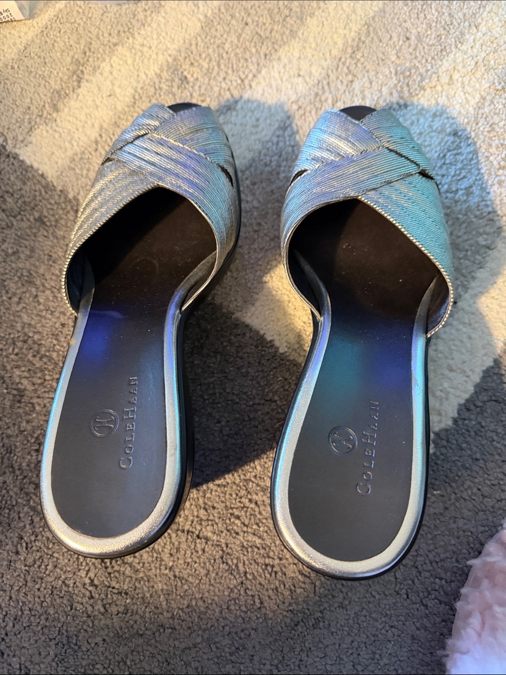 Cole Haan Iridescent Crossband Slide Sandals in Silver. Wedge.